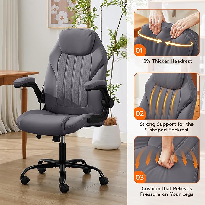 Office Desk Chair Ergonomic Computer Chair with Padded Flip-Up Arms and Adjustable Lumbar Support PU Leather Executive Chair with Tilt Lock and 360° Swivel Rolling Wheels for Work Study