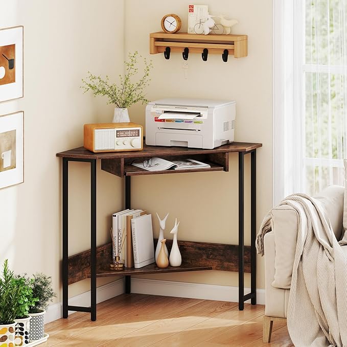 Giantex Small Corner Desk with Charging Station Triangle Computer Desk with Keyboard Tray &amp Storage Shelf Metal Corner Writing Desk for Bedroom Small Space Home Office Black &amp Rustic Brow