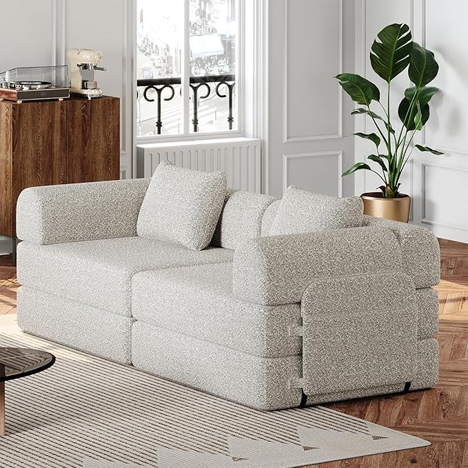 KINFFICT 72 inch Sectional Sleeper Sofa Modular Futon Folding Loveseat Floor Sofa Bed Convertible Comfy Chenille Memory Foam Couch Bed with Side Pockets for Guest Room Bedroom Living Room Beige