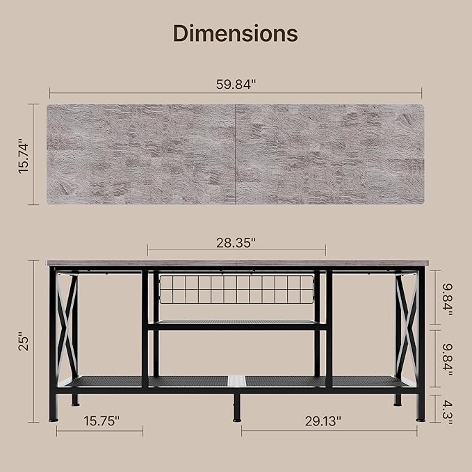 Gizoon TV Stand for 55-65 Inch TVs 3-Tier Industrial Media Entertainment Center with Open Shelves Metal Frame 59.8'' Solid Wood Table top for Living Room Bedroom Office Grey