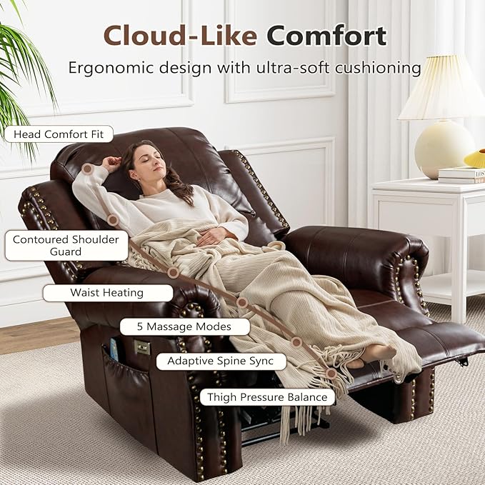 ANJ Large Power Recliner Chair with Heat and Massage Faux Leather Electric Overstuffed Wide Recliners for Living Room Classic Single Seat Sofa with Brass Rivets USB Port (Brown)