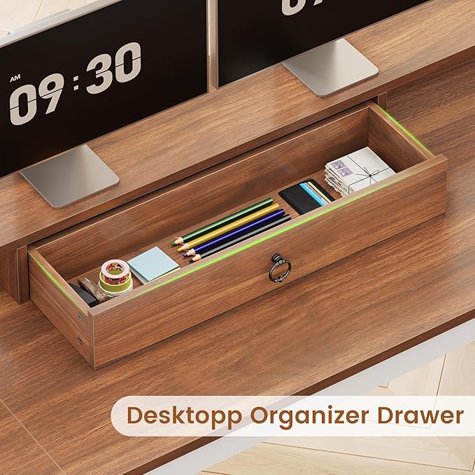 SEDETA Farmhouse L Shaped Desk with Drawers 63 Office Desk with File Drawers Wood Corner Computer Desk with Storage Home Office Desk with Monitor Stand and Storage Cabinet Brown and White