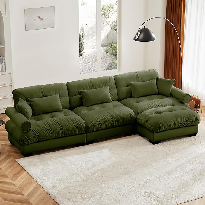 L Shaped Sectional Couch130 Modular Cloud Sectional Sofa with OttomanUpholstered Modular Sofa L Shaped Couch for Living Room (Olive Green)