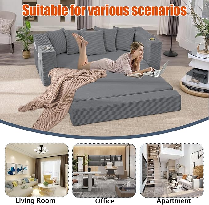 Anwick 2-in-1 Convertible Sleeper Sofa Bed Corduroy Boneless Loveseat Cloud Couch for Living Room Compressed Sofa in a Box 5 Pillows Fixed Frames Side Pockets &amp Cup Holders No Assembly (Gray