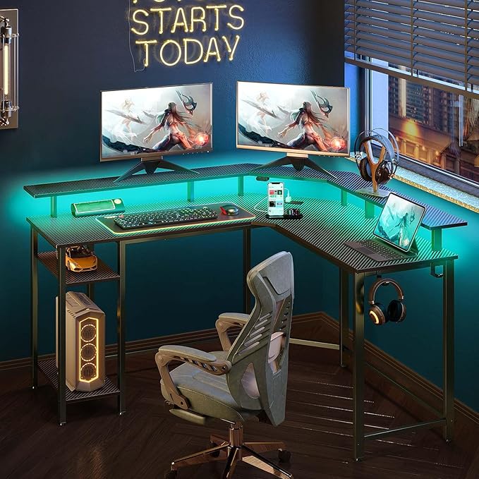 Rolanstar L Shaped Gaming Desk with LED Lights &amp Power Outlets 46.2 Computer Desk with Full Monitor Stand &amp Storage Shelf Corner Desk with Hooks Carbon Fiber Desk Reversible