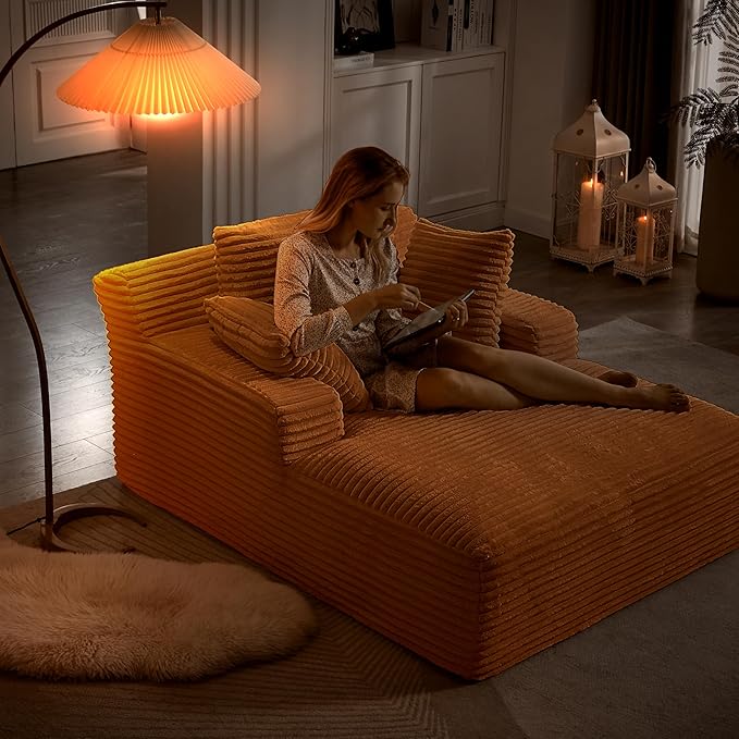 KEIKI 66 Oversized Chaise Lounge Chair No Assembly Boneless Sleeper Style Lounger for Living Room Plush Corduroy Upholstery Deep Seat for Relaxing Reading Napping &amp Daily Home Comfort
