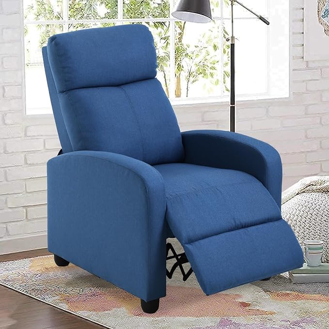 Recliner Chair for Living Room Fabric Sleeper Chairs for Adults Adjustable Comfortable Chair Single Sofa Chair Reading Chair for Bedroom with Footrest (Leather Blue)