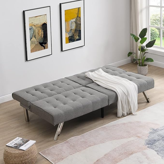 Modern Convertible Futon Sofa Bed Adjustable Loveseat Futon Couch with Metal Legs Upholstered Sofa Bed with Wood Frame Sleeper Couches for Small Compact RV Living RoomOffice (Grey-Fabric)