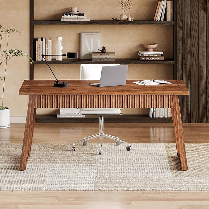 LITTLE TREE 55-Inch Home Office Desk with Drawer Modern Minimalist Style Wooden Simple Study Writing Table Mid-Century Log Executive Desk Computer Desk PC Laptop Desk Workstation Walnut Brown