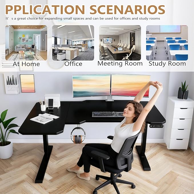 59 L-Shaped Standing Desk Height Adjustable Electric Corner Desk with Wheels Ergonomic Rising Computer Table for Home Office (Black)
