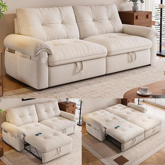 77 Pull Out Sofa Bed Velvet Convertible Sleeper Couch Loveseat Chaise Lounge with Side Pockets and USB Pullout Futon Sofa Bed for Living Room Bedroom Small Spaces RV (Beige)