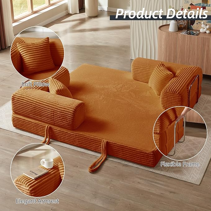 Convertible Folding Sofa BedFold Out Floor Sofa Couch with Fixed-Shape FrameCorduroy Foldable Mattress Cloud Couch for Living Room Bedroom (Orange 81 Inch)
