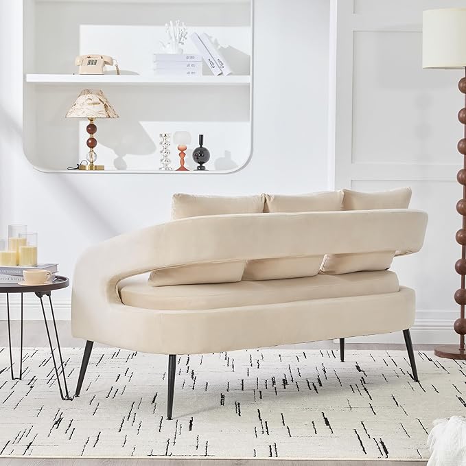 53.7 Modern Velvet Loveseat Sofa with 3 PillowSmall Comfortable 2 Seat Sofa with Metal Legs Small Couch for Living RoomBedroomOfficeReceptionBeige