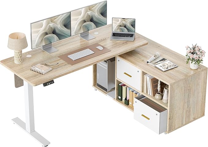 TIQLAB L Shaped Standing Desk with Privacy Protection Panel 61.4 x 47.2 Height Adjustable Corner Executive Desk with Drawers and Shelves Standing Computer Desks for Home Office Maple
