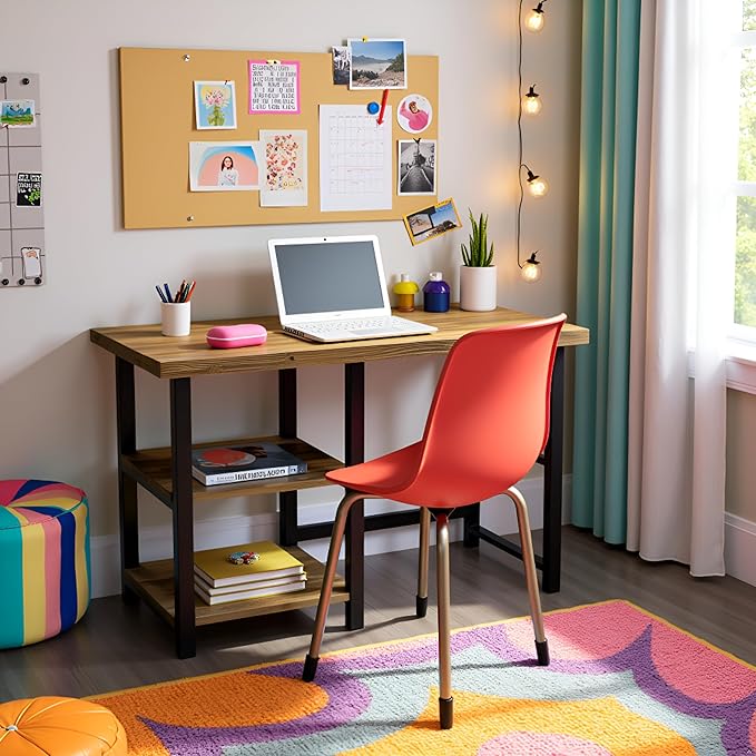 Alaterre Furniture Pomona 48-Inch Industrial Study Desk with Solid Pine Wood Top 2 Open Shelves and Metal Frame – Writing Desk with Floor Levelers for Home Office Bedroom or Dorm (Natural Finish)
