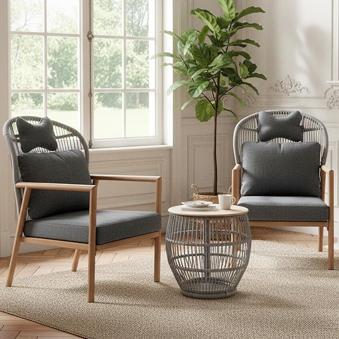 Modern Living Room Chairs Accent Chairs Set of 2 with Coffee Table Comfy Arm Chair with Cushions/Headrest Reading Lounge Chair Rattan Recliner Seating Braid Armchair for Bedroom Grey