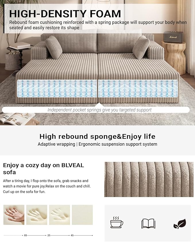 71 Oversized Double Chaise Lounge Sofa Cloud Plush Deep Seat Loveseat Sleeper Couch Upholstered Boneless Corduroy Sofa Bed No Assembly Modern Lounge Chair for Living Room Bedroom Reading (Camel)