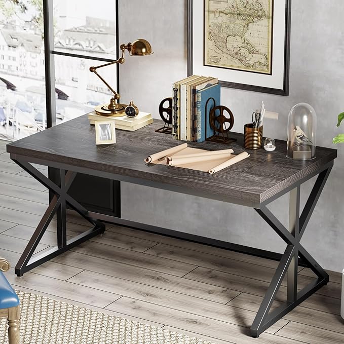 IBF 60 Inch Long Office Desk Modern Metal Wooden Grey Writing Study Computer Desk for Bedroom Farmhouse Big Simple Home Office Desks Executive Work Pc Table for Student Dark Gray Oak