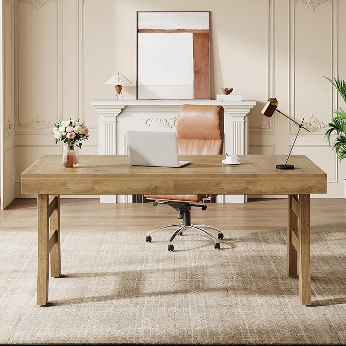 Tribesigns 63-Inch Executive Desk Large Office Computer Desk with Sturdy Legs Farmhouse Simple Workstation Writing Study Table for Home Office Light Brown
