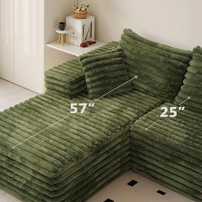 103 L Shaped Sectional Boneless Couch for Living Room Modern Modular Cloud Sofa with Left Facing Chaise Comfy Deep Seat Memory Foam Couch in Box No Assembly (5CM Wide Striped Corduroy Green)