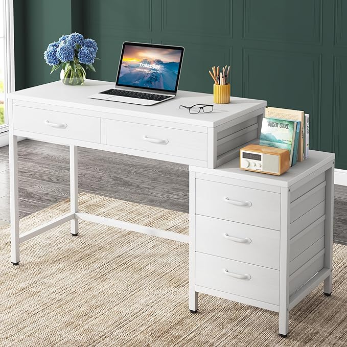 Little Tree Computer Desk with 5 Drawers Home Office Desks with Reversible File Drawer Cabinet Printer Stand