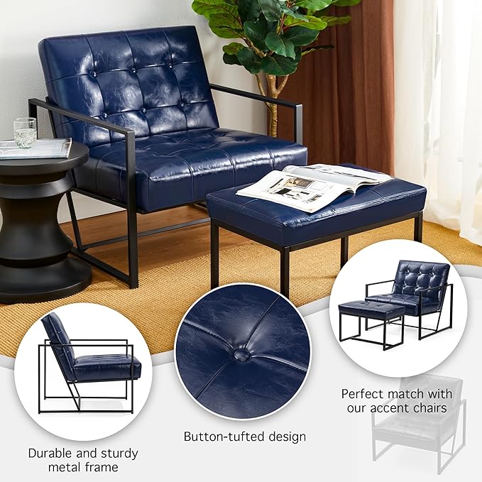 Glitzhome Accent Chairs with Ottoman Mid Century Modern Lounge Armchair with footrest with PU Leather &amp Metal Frame for Living Room Bedroom Apartment Office Navy Blue