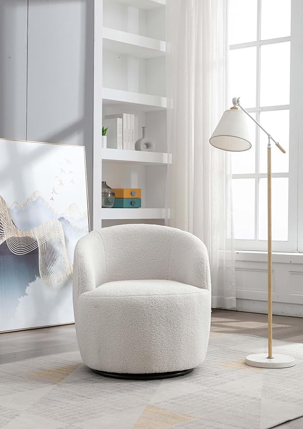 360° White Teddy Swivel Accent Chair for Living Room Small Round Swivel Chairs with Metal Base for BedroomBarrel Chairs for Bedroom Corner Or Small Spaces Cozy (Ivory)