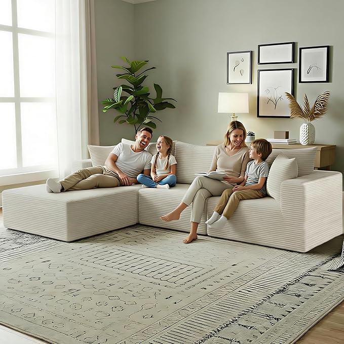 101 Modular Sectional Sofa L Shaped Boneless Couch with Moveable Ottoman Memory Foam Cloud Sectional Couch for Living Room or Apartment (White)