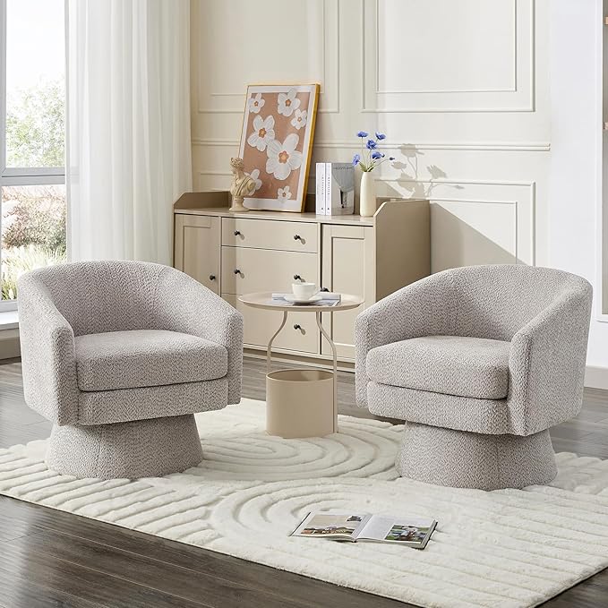 360° Swivel Accent Chair with Arms Modern Chenille Fabric Armchair with Curved Back &amp Soft Cushion Comfy Upholstered Chair for Living Room Bedroom Office Light Gray