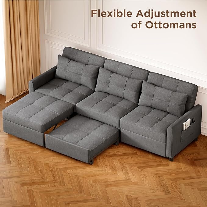 Aiho Sectional Sleeper Sofa 84 Inch Pull Out Couch with Adjustment Backrest &amp Ottoman Convertible Sectional Couch Bed for Living Room Guest Room Dark Grey