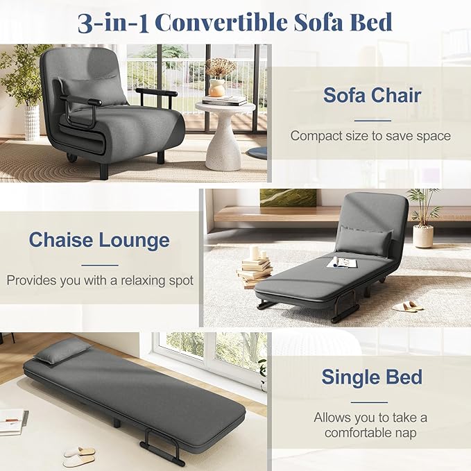 Giantex Convertible Sofa Bed 3-in-1 Folding Sleeper Chair with 5-Position Adjustable Backrest Wheels 2 Legs Recliner Chaise Lounge with Pillow Armchairs for Nursery Living Room Office (Gray)
