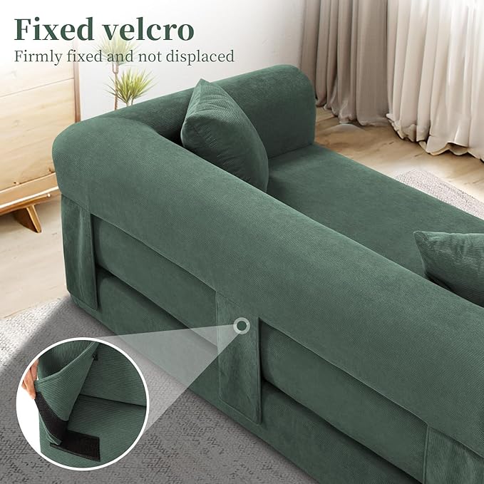KBQ 3-Seat Convertible Sleeper Sofa Bed with 2 Pillows Corduroy Folding Mattress Couch Floor Sofa Lounge Couch for Living Room Bedroom Lounge Studio Light Green