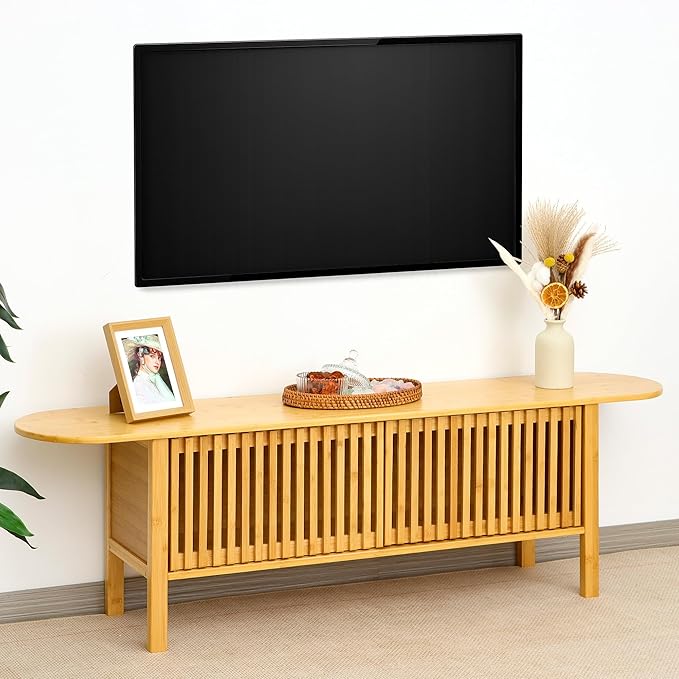 Bamboo TV Stand for TVs up to 65 Accent Entertainment Center with Storage Media Console Table with Fence Door Modern TV Stand for Living Room Bedroom 55(L) Burlywood