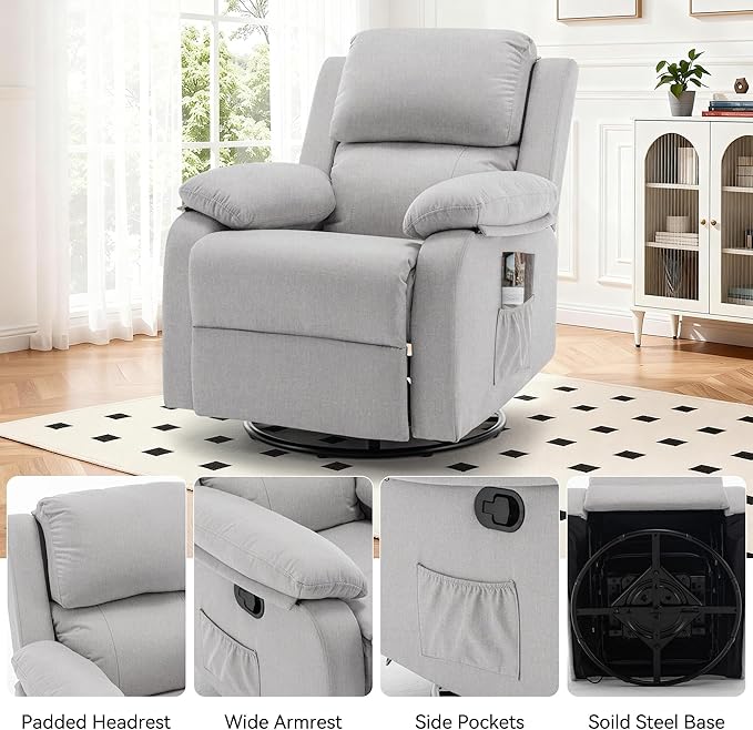 Recliner Chair 360 Swivel Rocker Chair for Adults Small Rocking Recliner for Small Spaces Upholstered Fabric Glider Recliner Nursery