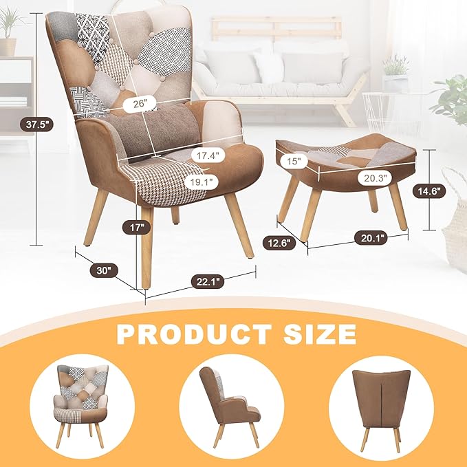 HomeMiYN Accent Patchwork Chair with Ottoman Set Fabric High Wingback Chair Comfy Bohemian Flax Design with Throw Pillow for Living Room Bedroom Patchwork Brown