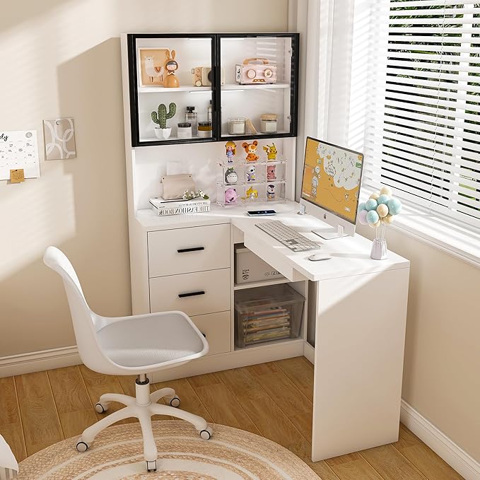 62 Inch L Shaped Office Desk with LED Light &amp Power Outlet Corner Computer Desk with Glass Cabinets Keyboard Tray Larger Gaming Desk for Home Office Study (White)