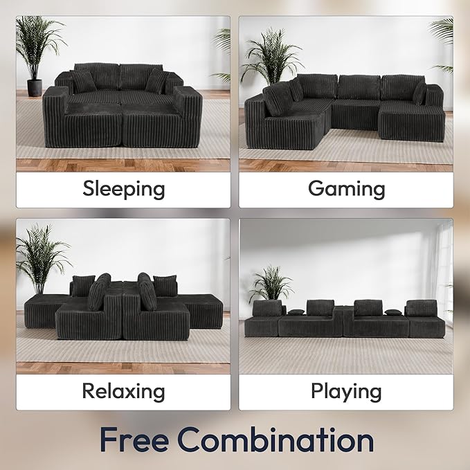 132 U Shaped Couch Modular Sectional Sofa with Chaise Corduroy U Shaped Boneless Couch with Deep Seat Upholstered Modular Cloud Sofa for Living Room No Assembly Required Grey