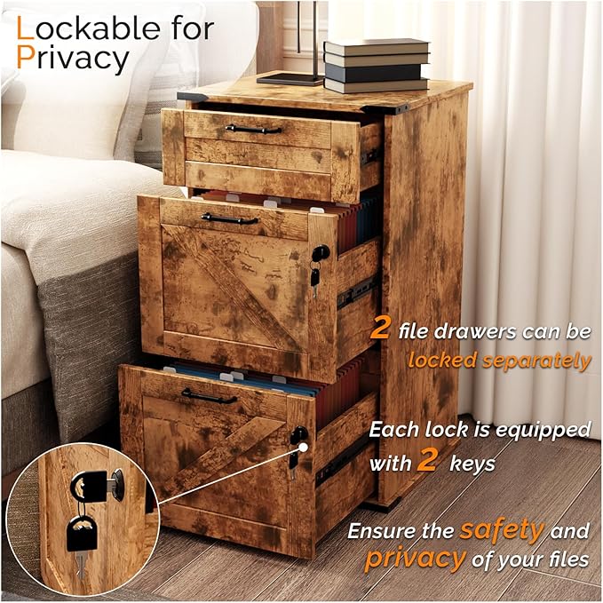 VINGLI 3 Drawer File Cabinet with Lock Home Office Filing Organizer for Letter Size File Folder Storage Modern Farmhouse Style Wood Vertical Filing Cabinet Archivador (Rustic Brown)