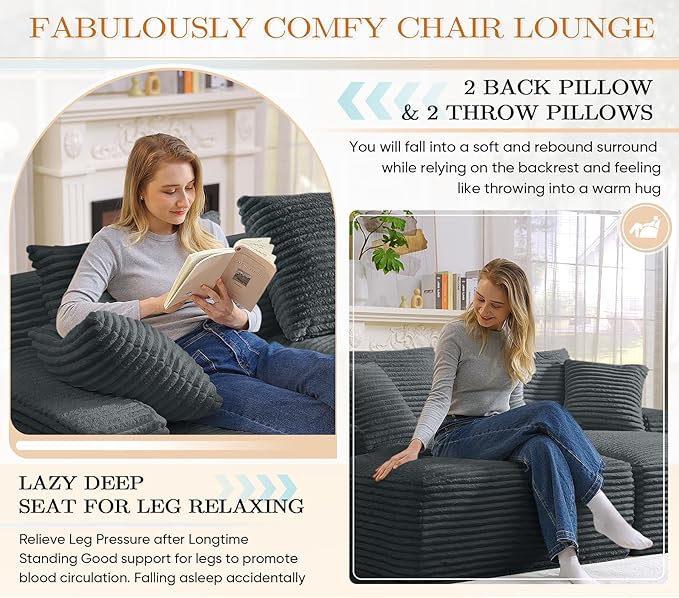 Oversized Chaise Lounge Chair Indoor Modern 78-inch Upholstered Corduroy Love Seat Sofa Bed with 4 Throw Pillows and Armrests Double Modular Sleeper Sofa Couch for Living Room Bedroom Dark Grey