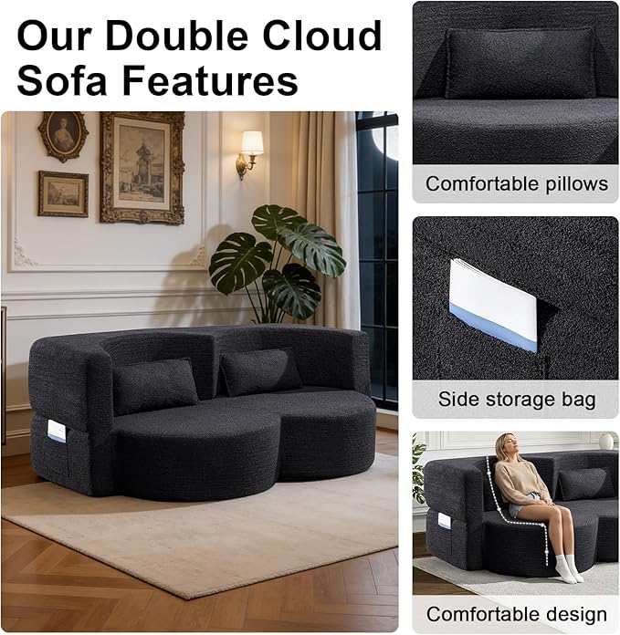 79 Inch Boneless Loveseat Sofa: 2-in-1 Convertible Teddy Velvet Cloud Double Sofa Minimalist Curved Cloud Sofa Bed for Living Room Apartment &amp Small Spaces (Black)