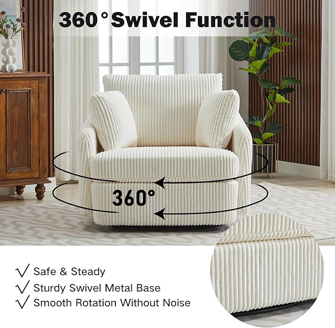 Chifee &amp Vingol 40.6 Oversized Swivel Accent ChairCorduroyIvory