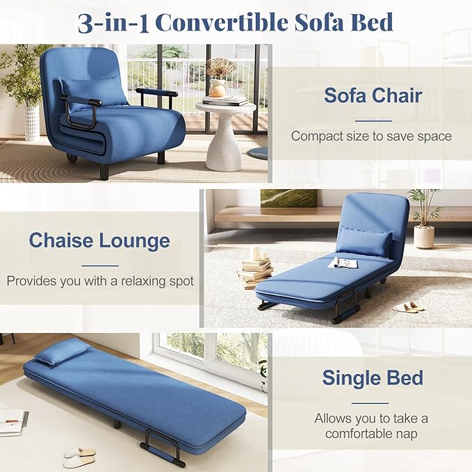 Giantex Convertible Sofa Bed 3-in-1 Folding Sleeper Chair with 5-Position Adjustable Backrest Wheels 2 Legs Recliner Chaise Lounge with Pillow Armchairs for Nursery Living Room Office (Blue)