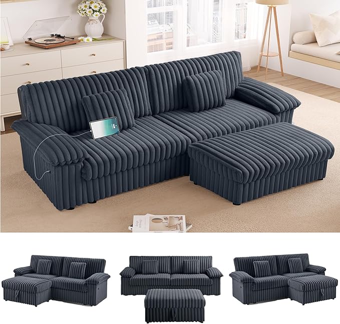 HIFIT 92 Sectional Loveseat Sofa Modern Cloud Couch L Shaped Modular Sectional Sofa with Deep Seat Storage Ottoman USB Port Corduroy Home Sofas Living Room Set Love Seat for Bedroom Office Grey