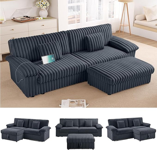 HIFIT 92 Sectional Loveseat Sofa Modern Cloud Couch L Shaped Modular Sectional Sofa with Deep Seat Storage Ottoman USB Port Corduroy Home Sofas Living Room Set Love Seat for Bedroom Office Grey