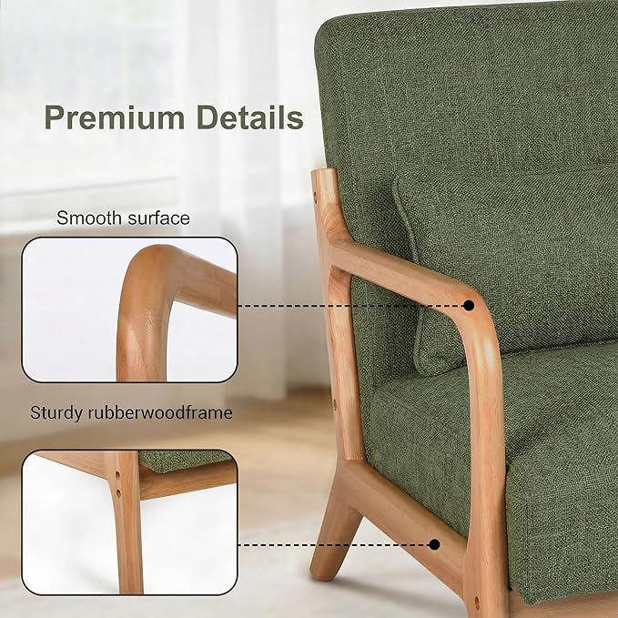 Mid Century Accent Chair Comfy Arm Chair with Solid Wood Frame Upholstered Modern Chair for Living Room Bedroom Waiting Room Green