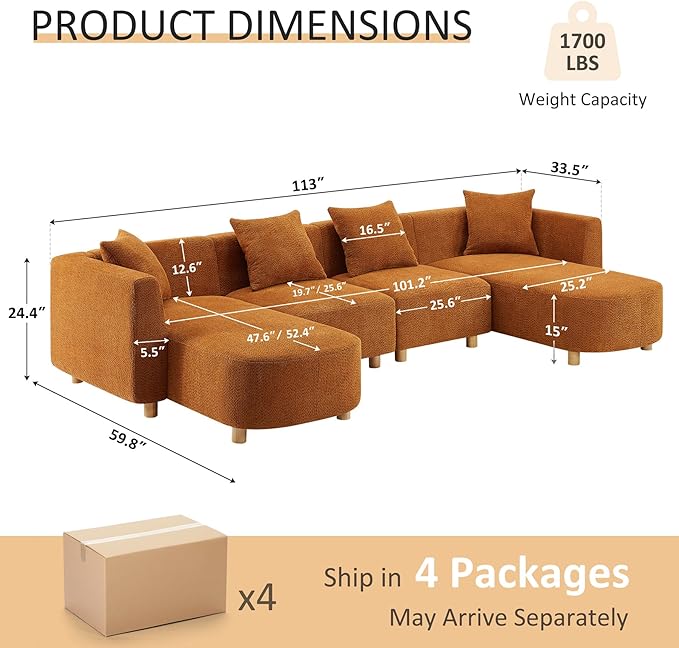 VANOMi 113 Sectional Sofa with 4 Pillows U-Shaped 4-Seater Comfy Boucle Cloud Couch Modern Double Chaises Lounge Sofas for Living Room Office Apartment (Curry-U)