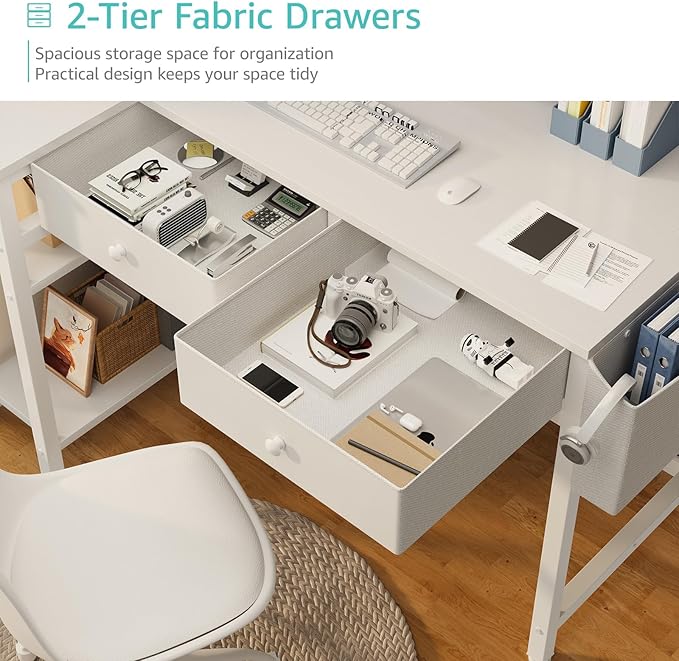 DLisiting Small White L Shaped Desk with Drawers &amp Storage Shelves 40 Inch Corner Desk with Power Outlet for Small Space Home Office Study Work PC Desks for Bedroom
