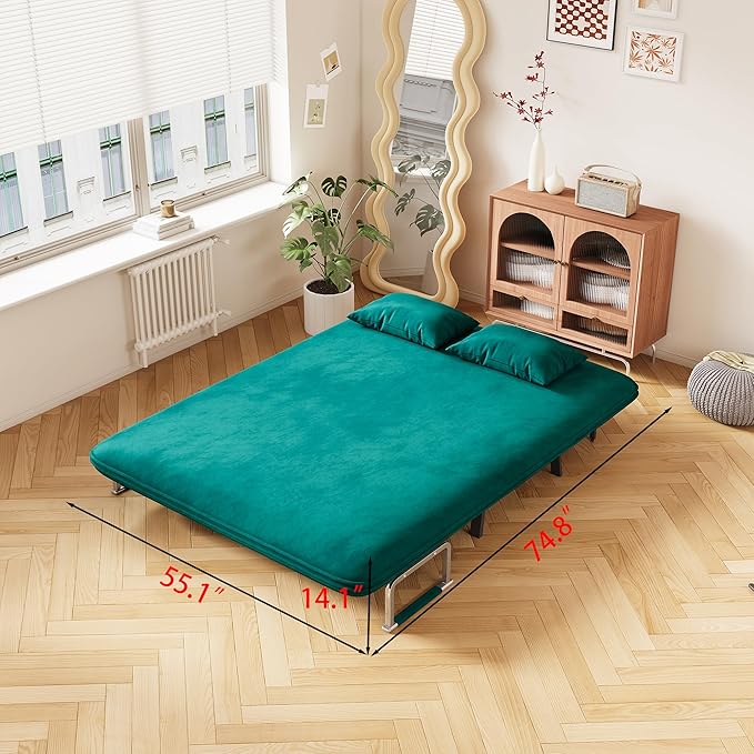 KEIKI 55 Luxury Velvet Loveseat Triple-Fold Sofa Bed 3 in 1 Convertible Sleeper Lounge Chair w/Adjustable Backrest &amp PillowsMulti-Functional Living Room Armchair for ApartmentsAntique Green