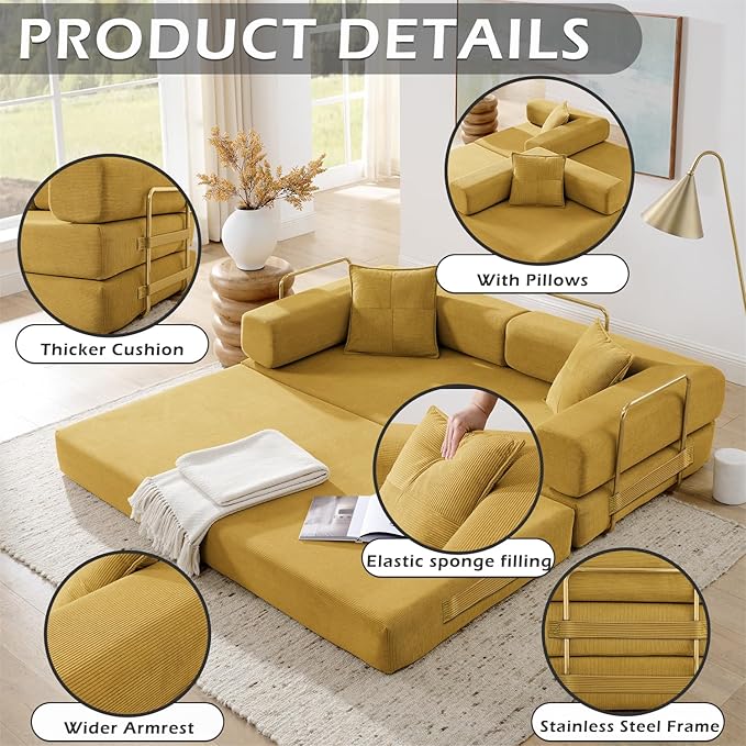 4-in-1 Folding Convertible Floor Sofa Bed 78 Oversized Compression Sofa No Assembly Required King Futon Lazy Couch Corduroy Loveseat Sleeper with Pull Out Bed Modular Futon Couch