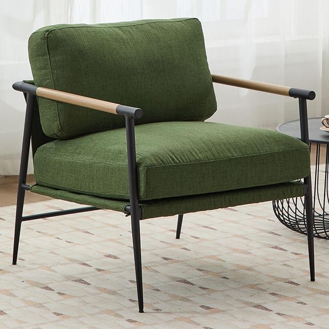 LukeAlon Mid-Century Linen Accent Chair Ultra Soft Living Room Chair with Metal Legs Modern Armchair Reading Nook Chair Lounge Chair Upholstered Comfy Leisure Chair for Bedroom Waiting Room Green